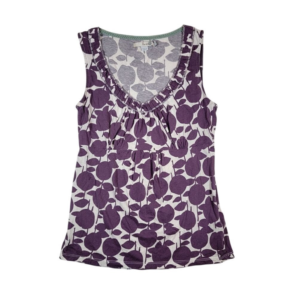 Boden Women's Scoop Neck Tank Top Sz 2 Purple White Leaf Print 100% Cotton